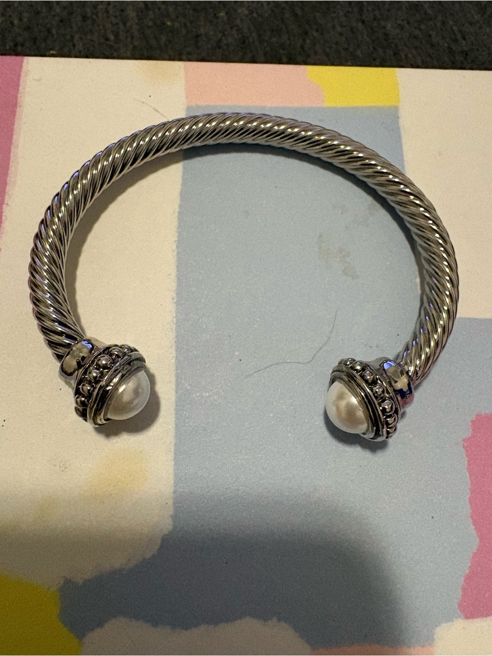 Source Unknown Silver-Tone Twisted Cable Cuff Bracelet with White Pearl Ends